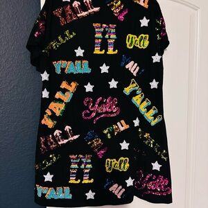 QUEEN OF SPARKLES Sequin 'Y'all' Graphic Short Sleeve DRESS XLarge—worn o- Black